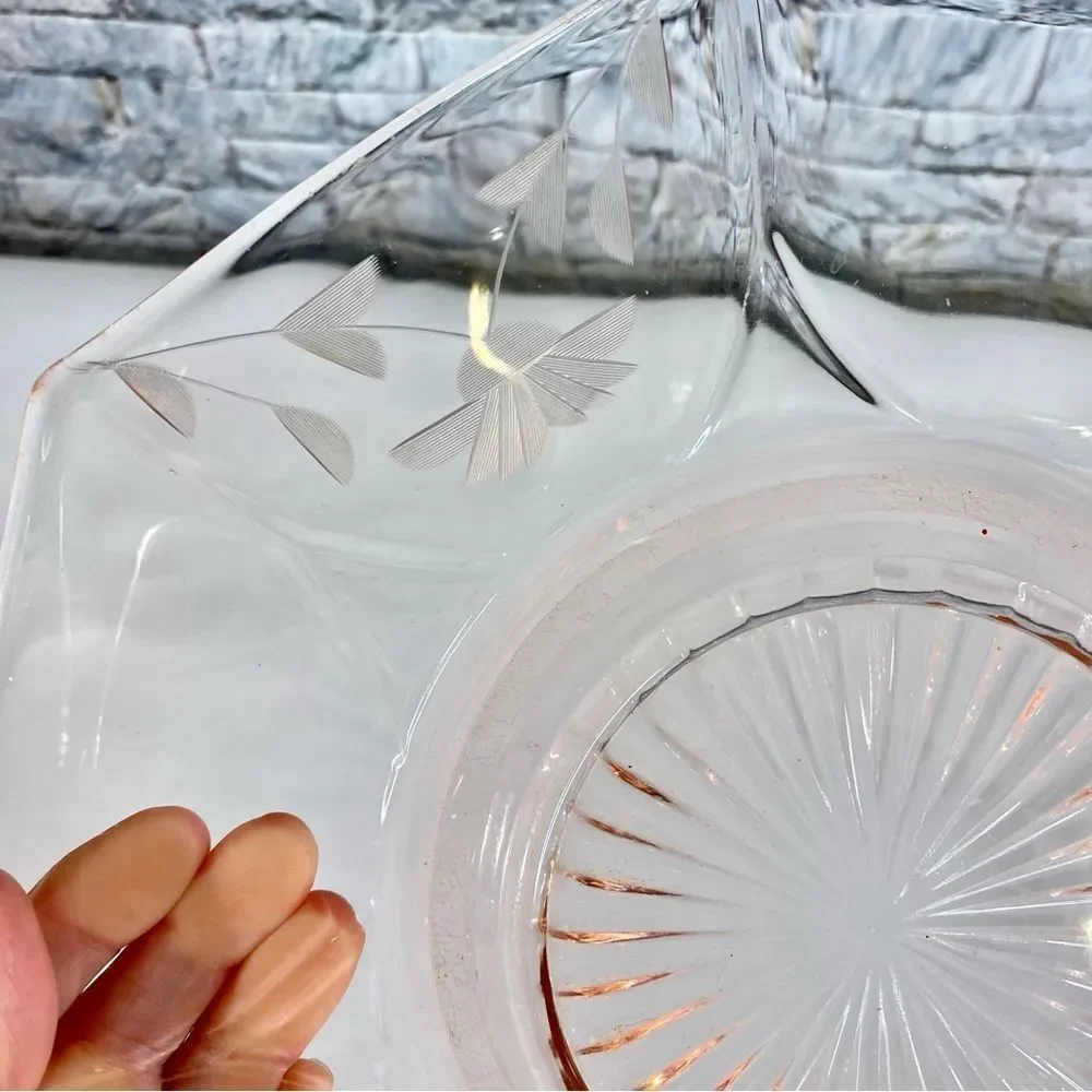 Polygon Shaped Pink Serving Plate Vintage Etched Glass Floral Pattern